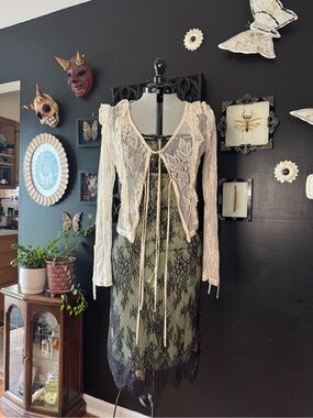 Ivory Lace Tie Cardigan Over Black Lace Slip Dress